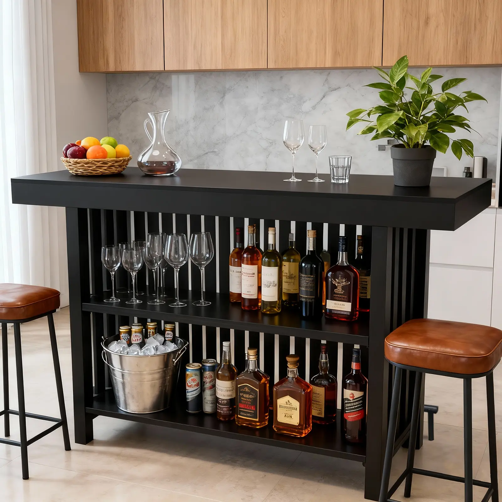 Garvee 63" Modern Counter Height Bar Table - Wood Finish, Footrest, 2-Tier Storage for Kitchen, Dining Room Indoor Furniture