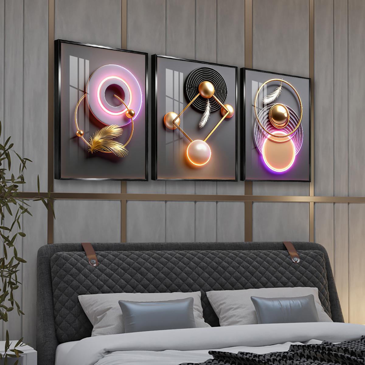 3 Counts Aluminum Alloy Framed Painting, Modern Geometric Feather Art Pictures, Home Decoration For Living Room, Bedroom, Office, Restaurant, Hallway Wall Decor, Odorless Print Artwork, Luxury Perfect Gift For Friends And Family