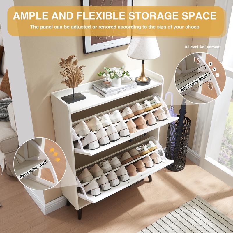 Farmhouse Shoe Storage Cabinet with 2-4 Flip Drawers & Barn Door Design - Freestanding Slim Narrow Shoe Organizer for Entryway, Foyer & Hallway