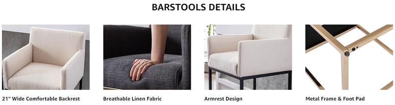 CHAIRUS  Bar Stools Set of 2, 26'' H Counter Height Bar Stools,Modern Counter Stools with Backrest and Arms, Black Metal Frames, Linen Fabric Upholstered Accent Bar Stools for Kitchen Island, Cream Bar Chair