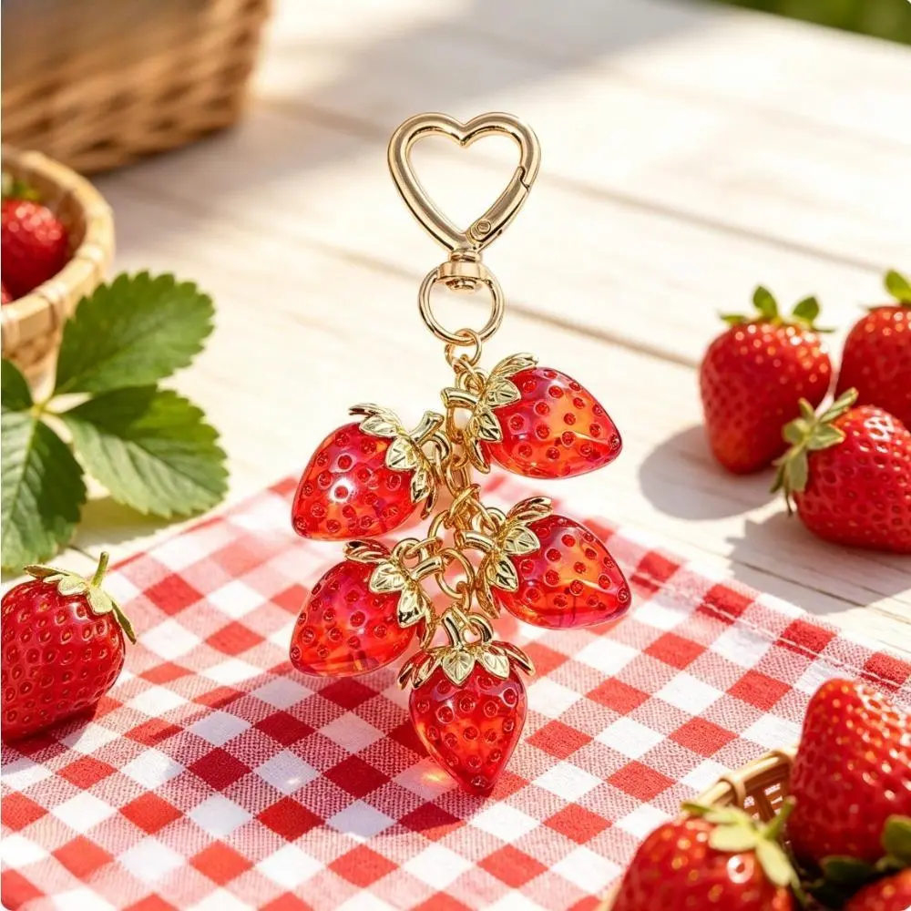 Resin Strawberry Hanging Keychain Charms & Twillies for Girls - Ultra Lightweight Sparkling Coquette Clustered Pendant, Multi-Chain Design, Heart Carabiner, Beach Bag & Luggage Accessory, Key Charms & Twillies