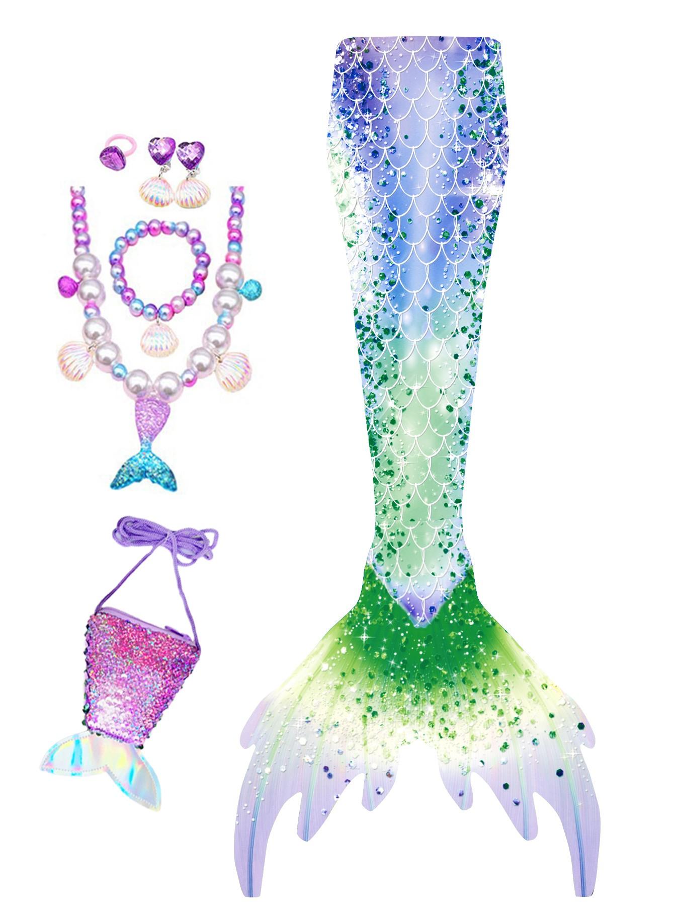 Girls Mermaid Tail Swimsuit, Sweet and Cute High Elastic Fabric for Heights 110-150cm, Includes Accessories for Beach Parties.Including a  mermaid tail bag, necklace, bracelet, earrings and a ring. Excluding tops, pants and black flippers.