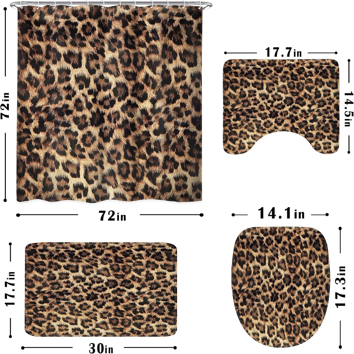 1/4 pcs leopard print shower curtain set, non-slip floor mat, U-shaped carpet, toilet lid cover, perfect for bathroom and Restroom decoration, partition, beautify the space, free 12 shower curtain hooks, Bathroom Decoration Accessories