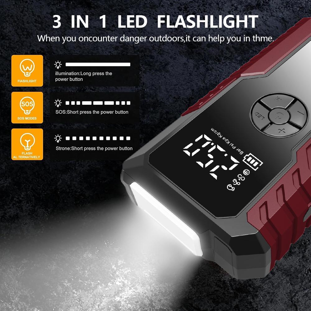 Portable Car Jump Starter with 150PSI Air Compressor, 12V Battery Booster Up to 8.0L Gas/6.0L Diesel, LED Emergency Light & USB Charging，Automotive Tools