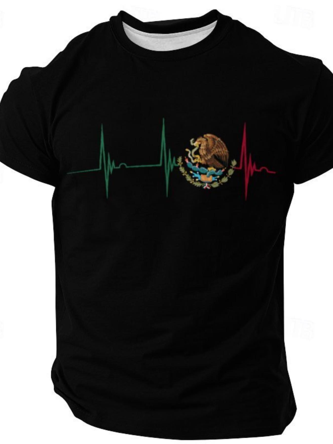 Suitable for both men and women, Mexican Heartbeat EKGPulse, Mexican Pride Badge, Mexican Flag T-shirt, Couple Short Sleeve Shirt, Men's Fashion Couple Clothes