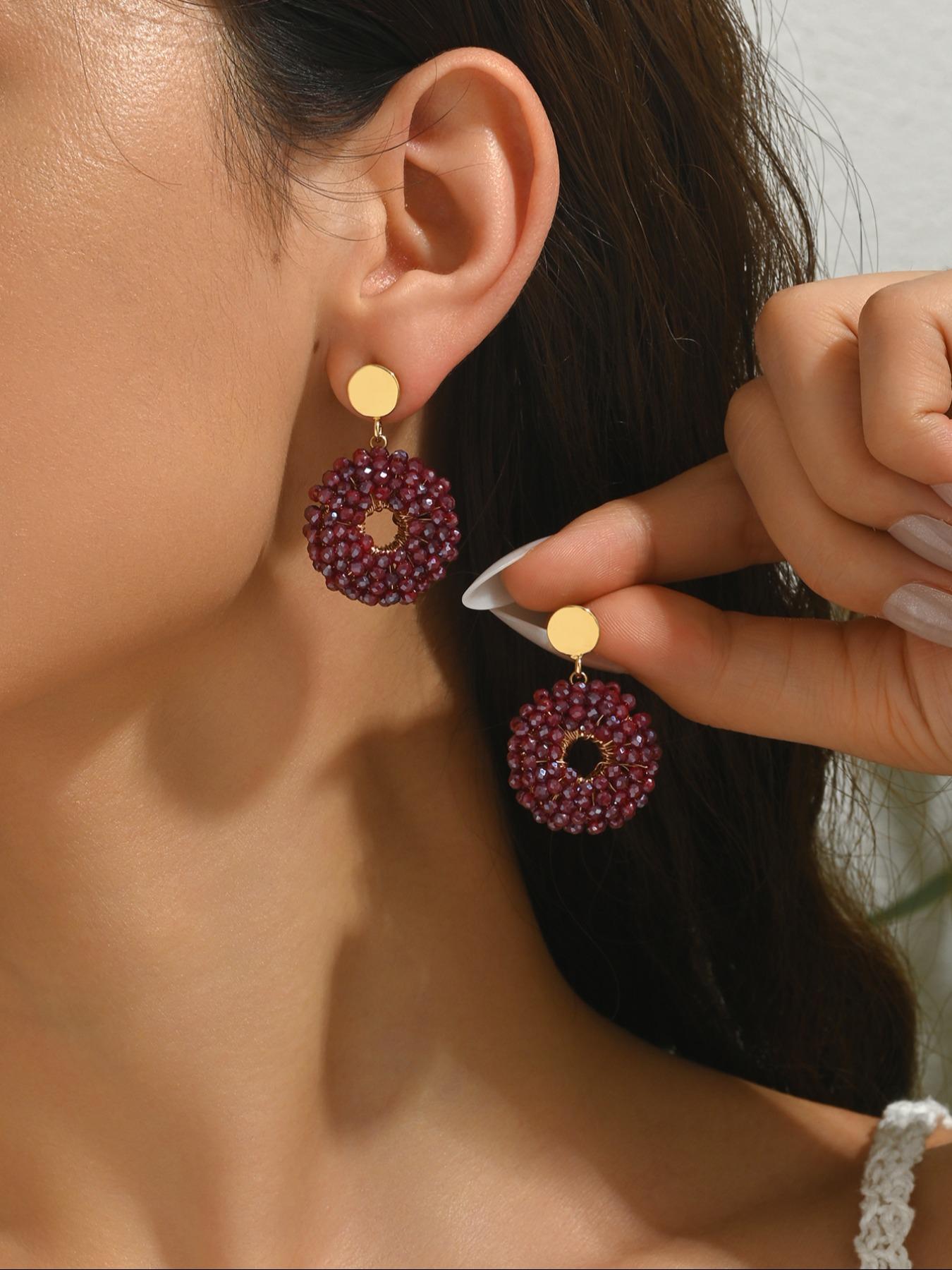 A pair of pure handmade, beaded circular dangle earrings featuring a dazzling "Bling-Bling" effect and a chic Bohemian resort style. These vintage-inspired, ethnic-style earrings offer a unique, versatile, and minimalist aesthetic—exuding elegance
