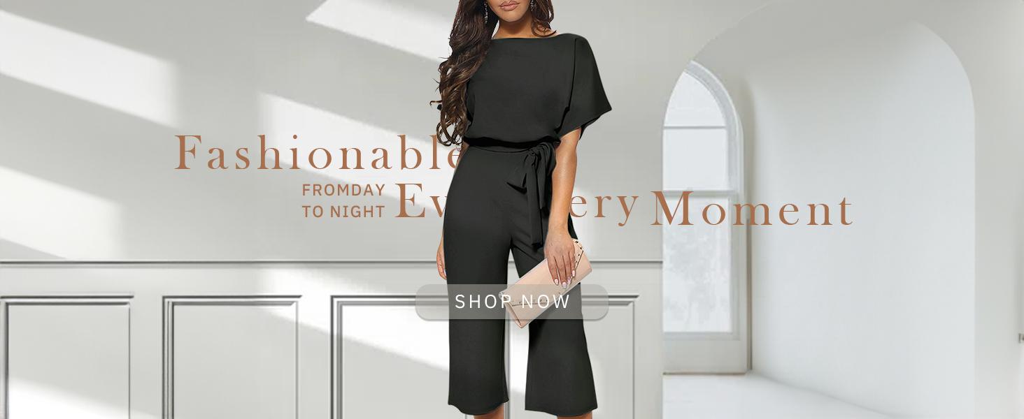 CHARTOU women's summer and autumn short sleeved jumpsuit with bow tie at the waist and wide leg seven quarter jumpsuit