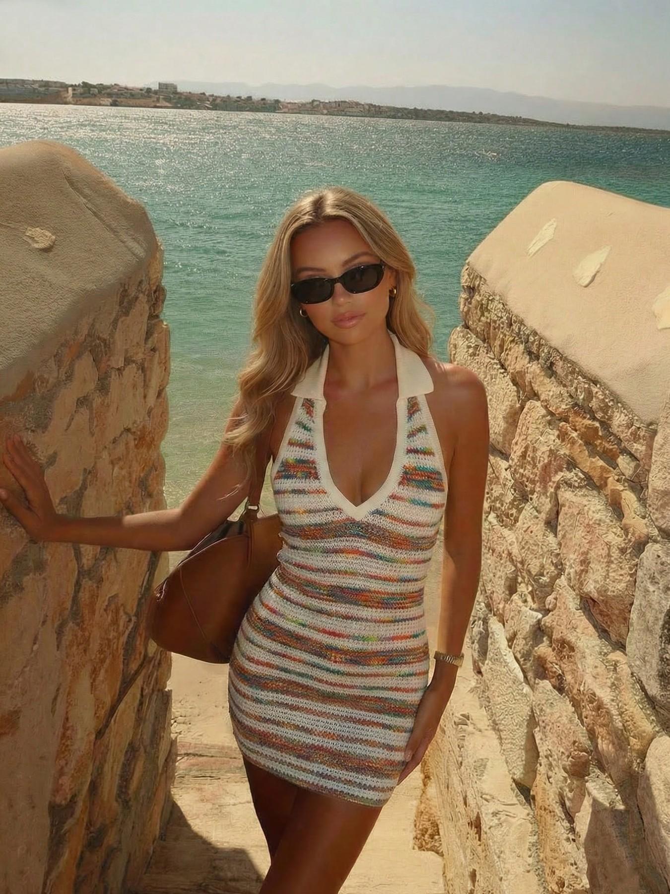 Elegant Striped Beach Vacation Dress, Sexy Knit Bodycon Sweater Dress,  Spring Summer Versatile Women's Fashion - TikTok Shop