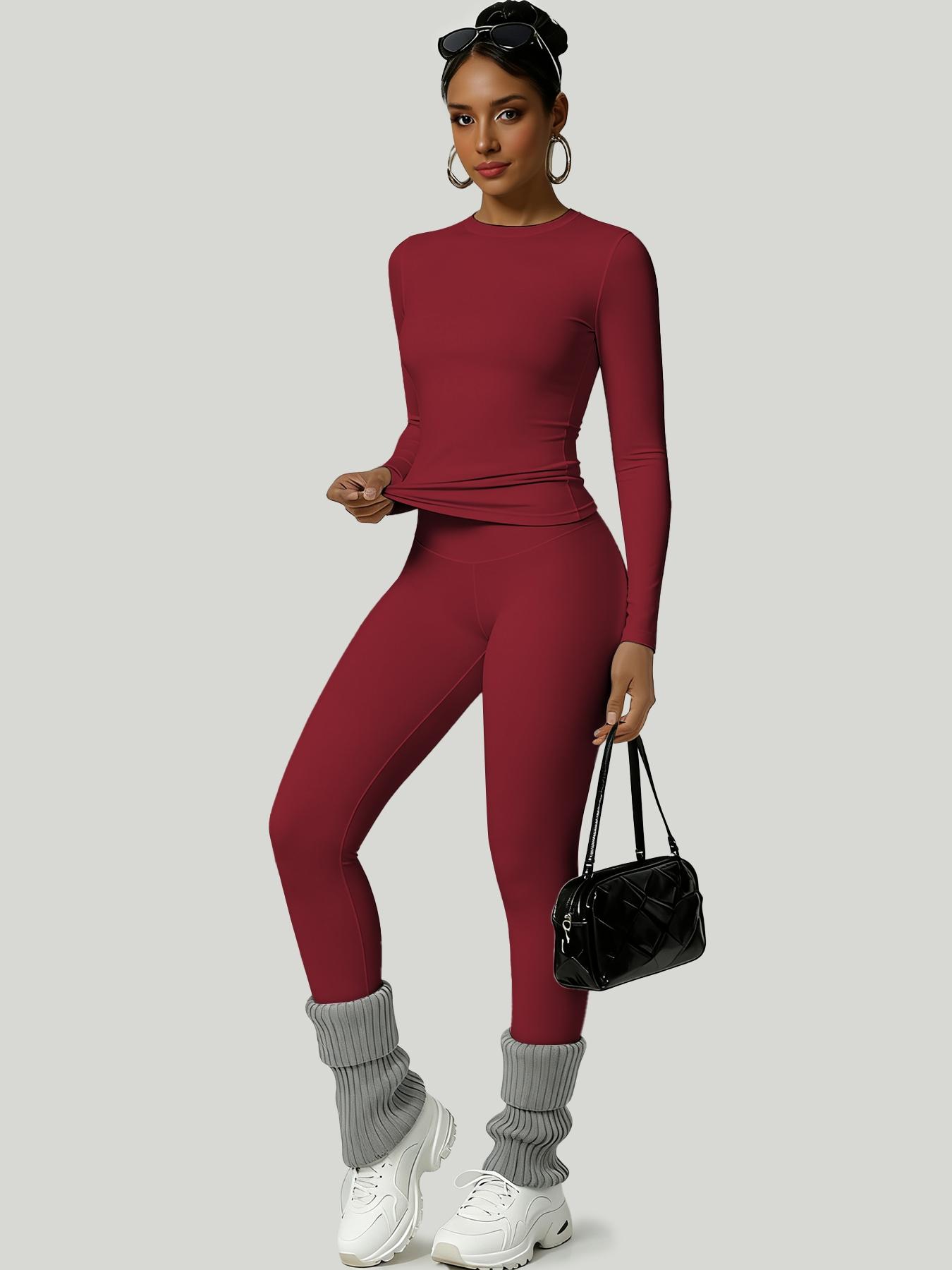 Women's Simple Solid Color Sportswear Set, Comfortable T-Shirt & Slimming High-Waisted Pants, Ideal for Fall & Winter Yoga Sports, Yoga Tracksuit Set