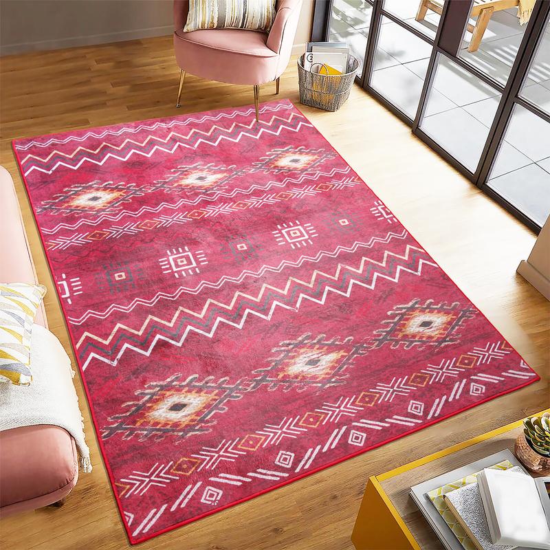 Large Bohemian Faux Cashmere Area Rug, Washable Non-slip Backing Retro Area Rug, Low Pile Area Rug for Living Room, Bedroom, Dining Room, Blue, Red, Beige, 4x6, 5x7, 6x9, 8x10 Feet-S