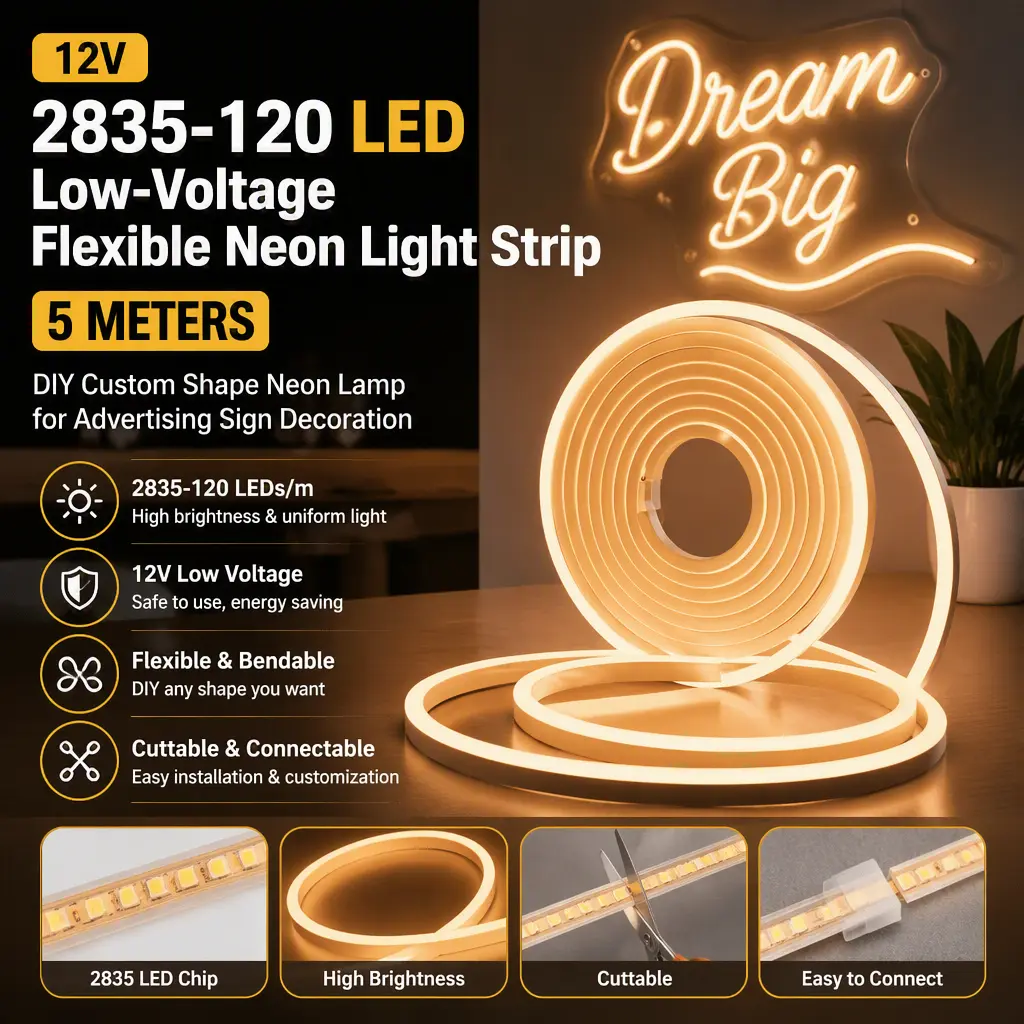 5M Flexible 12V Neon LED Strip Light, 2835‑120‑Bead Low‑Voltage DIY Shape‑able Neon Rope Light for Commercial Advertising Signs