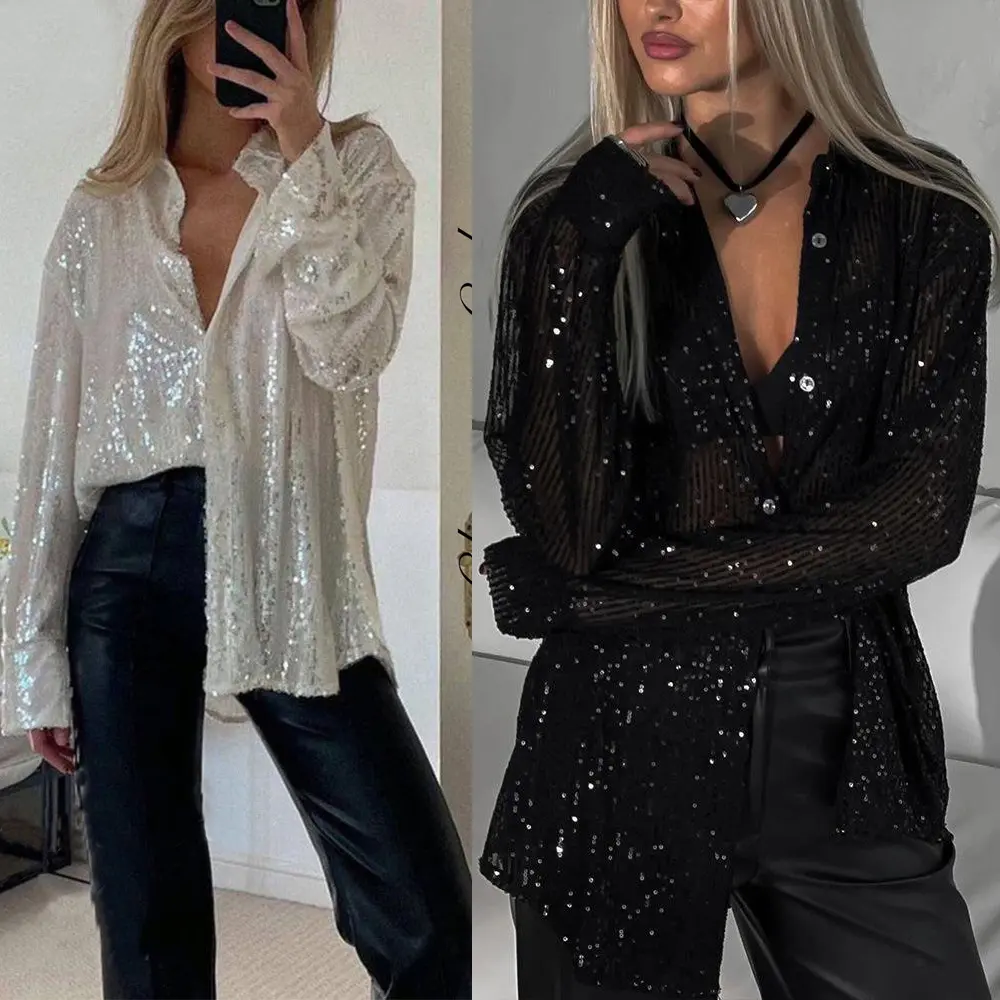 Women Sequin Button Down Shirt, Lapel Long Sleeve Glitter Loose Blouse, Sexy Party Clubwear Sparkly Top