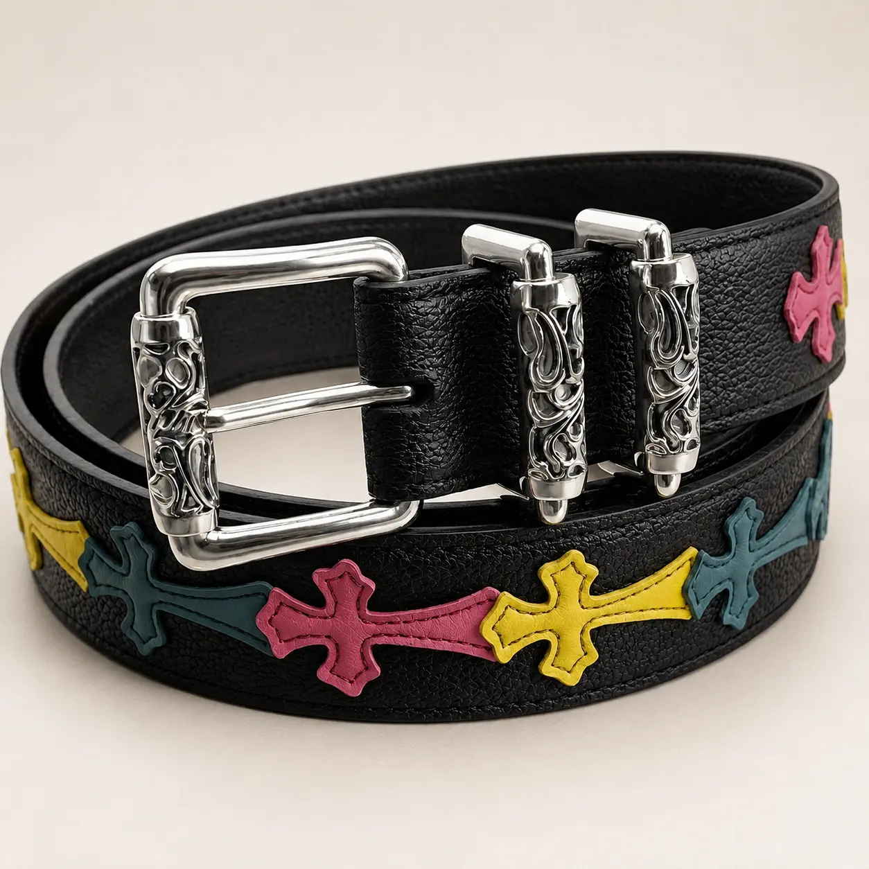 Unisex Multicolor Cross Belt with Vintage Pebbled Print, Y2K Punk Statement Waist Belt with Detailed Roller Buckle, Adjustable Fashion Accessory for Jeans, Denim, Hip Hop, Gothic and Streetwear Outfits