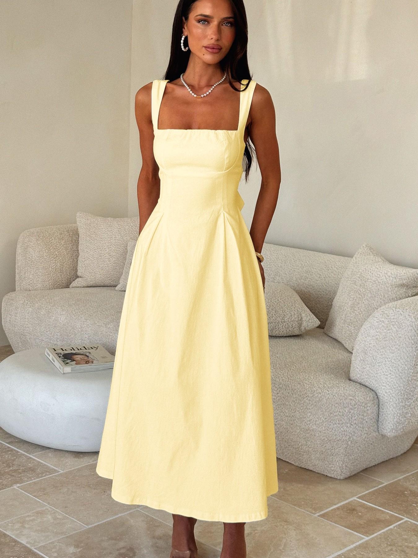 Elegant Vintage Square Neck Back Tie Strap Dress, Sleeveless Fitted Midi Dress, Casual Plain Style Day Evening, Women's Fashion Clothing, Casual Wear, Womenswear
