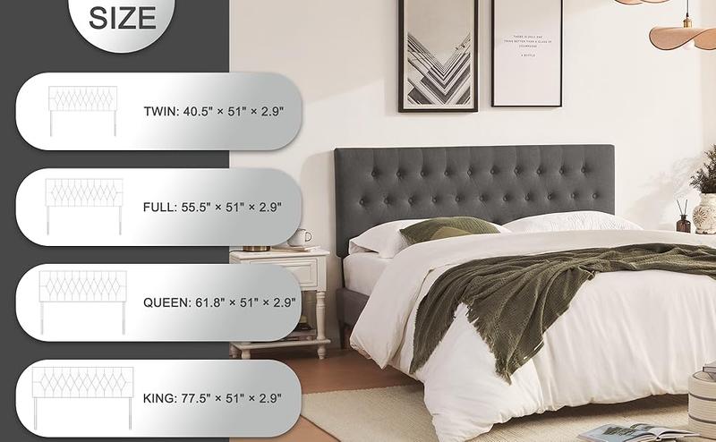 Tufted Upholstered Headboard Twin/Full/Queen/King Size, Solid Wood Head Board with Durable Metal Legs, Adjustable Height Bed headboard from 37” to 51” Fabric Headboard in Modern Button Design