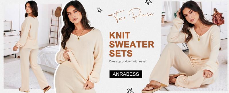 ANRABESS Women 2 Piece Outfits Sweater Lounge Sets Long Sleeve Cable Knit Pullover and Wide Leg Pants Tracksuit Matching Set