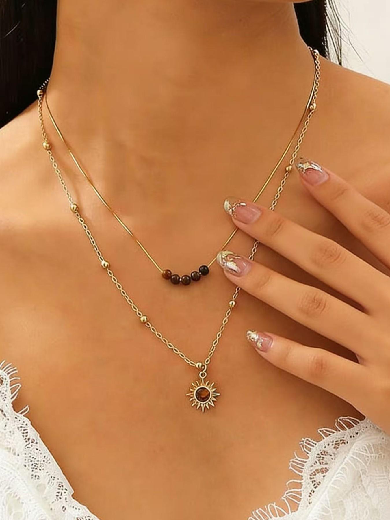 Boho Layered Sun Pendant Necklace, Gemstone Sun Necklace, Bead Choker, Faux Opal Sunburst, Sunshine Chain Necklace for Women