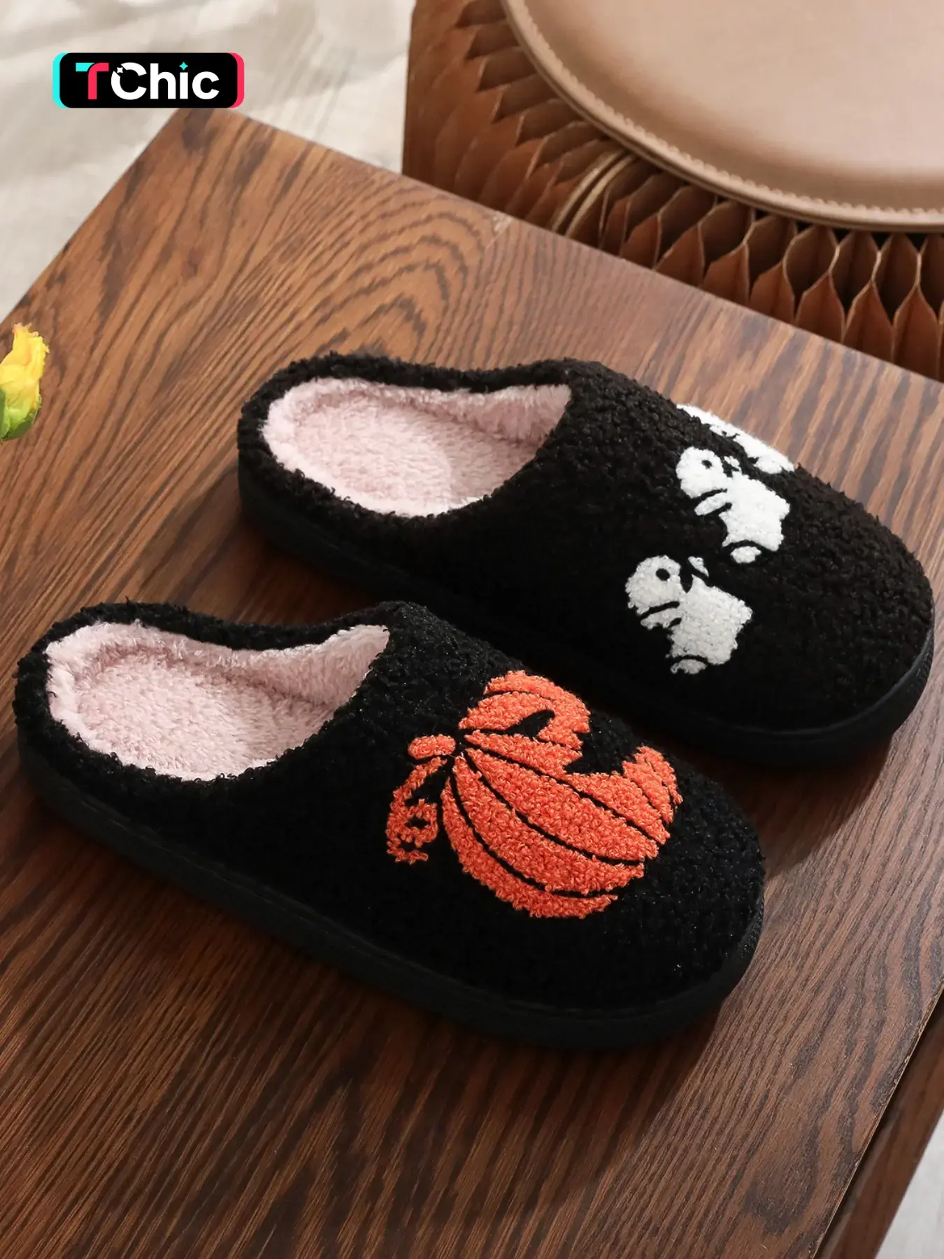 Halloween Pumpkin Ghost Embroidered Plush Slippers, Comfortable Indoor Home Shoes for Men & Women, Fall Season Gift Idea, House Shoes