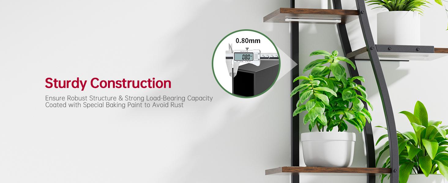 7-Tiered Decorative Plant Stand with Adjustable Grow Lights and Paint Finish - 62" Tall Metal Flower Display Shelf, Curved Design Pot Organizer Set for Living Room, Patio, Balcony Decoration, Standing Rack with Wall Strap for Indoor & Outdoors