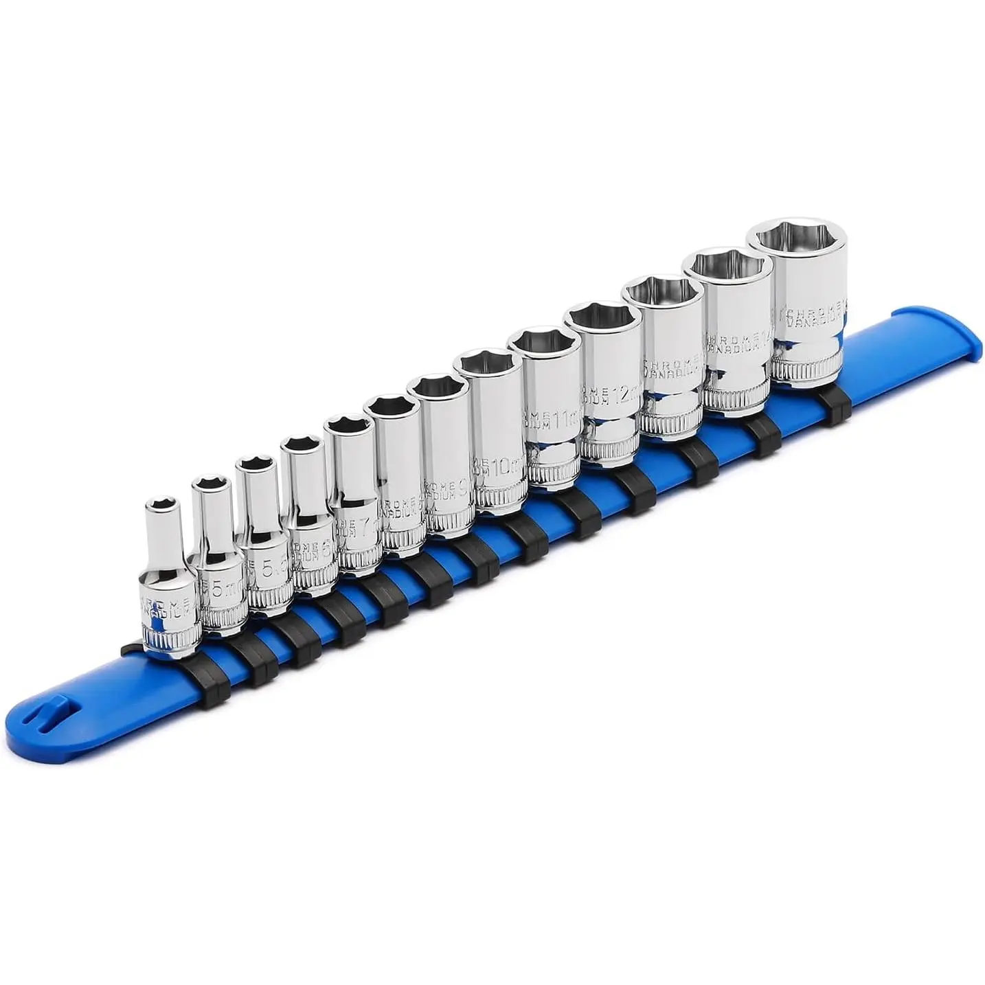 14 count 3/8" Drive 6 Point Stubby Socket Set, Metric, Mirror Chrome Finish, 6,7,8,9,10,11,12,13,14,15,16,17,18,19mm