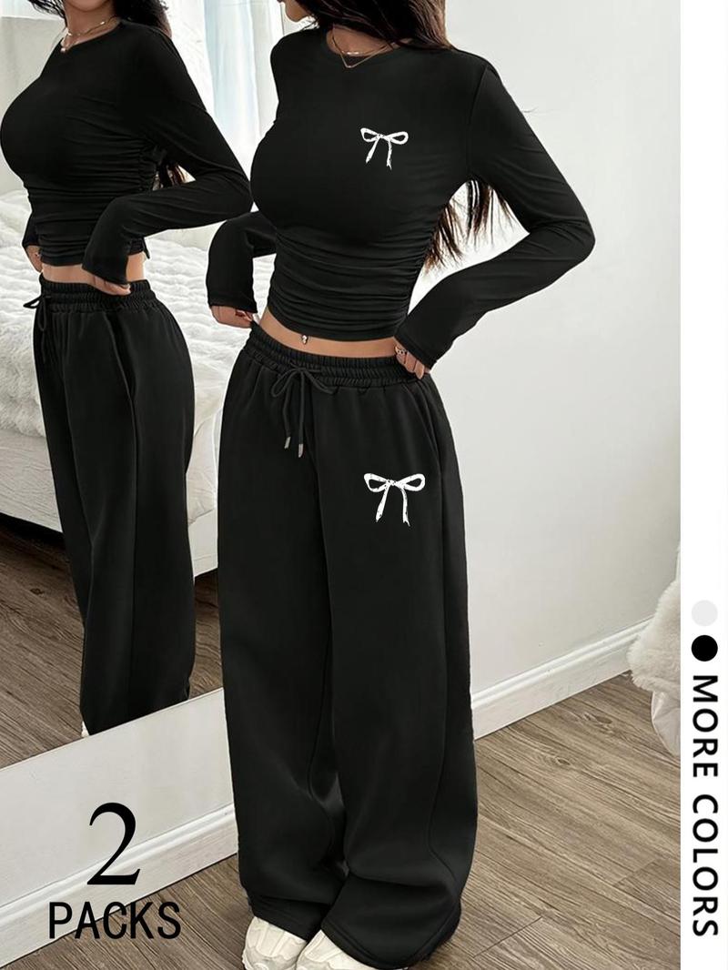 Y2K Campus Sweet Girl Back-To-School Set, Ruched Top & Wide Leg Pants, Youthful and Stylish, Perfect for Daily Wear
