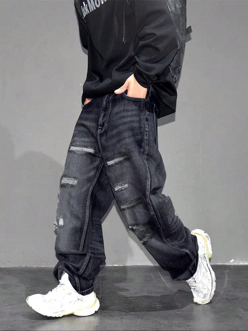 Men's High Street Style Ripped Wide Leg Jeans, Trendy Loose Fit Straight Pants, Casual Fashion for All Seasons