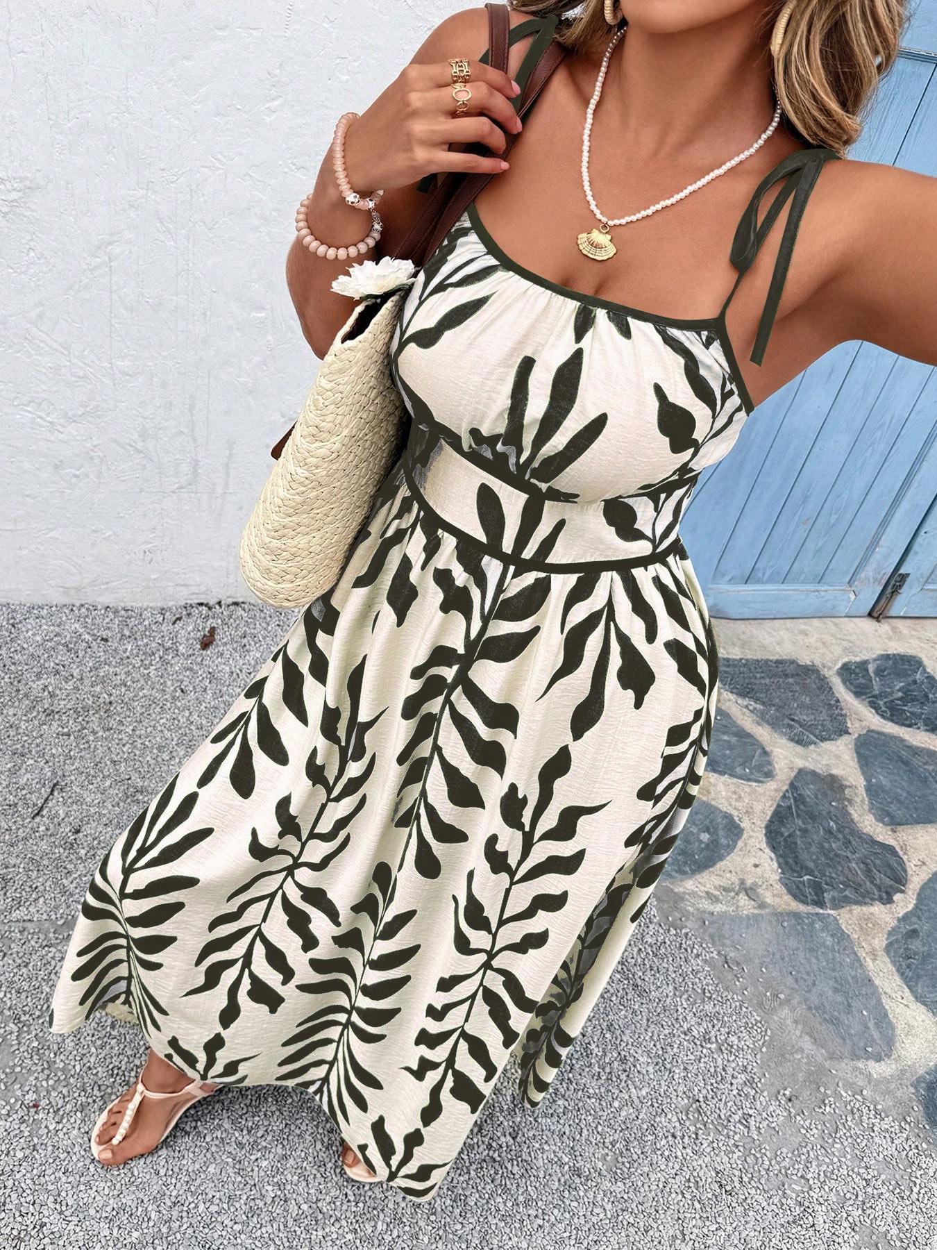 【Plus Size】 Leaf Print Cami Dress, Casual Sleeveless Spaghetti Strap Maxi Dress for Beach Holiday Vacation, Women's Plus Clothing for Summer