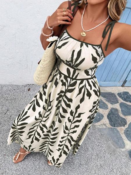 【Plus Size】 Leaf Print Cami Dress, Casual Sleeveless Spaghetti Strap Maxi Dress for Beach Holiday Vacation, Women's Plus Clothing for Summer