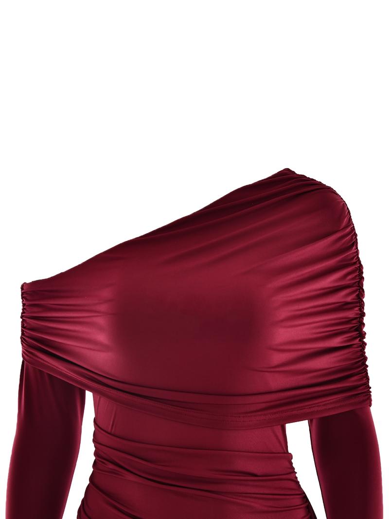 Elegant Party Holiday Dress with Side Long Tie, Asymmetrical Single Shoulder Ruched Bodycon Women's Dress, All Seasons Fashion