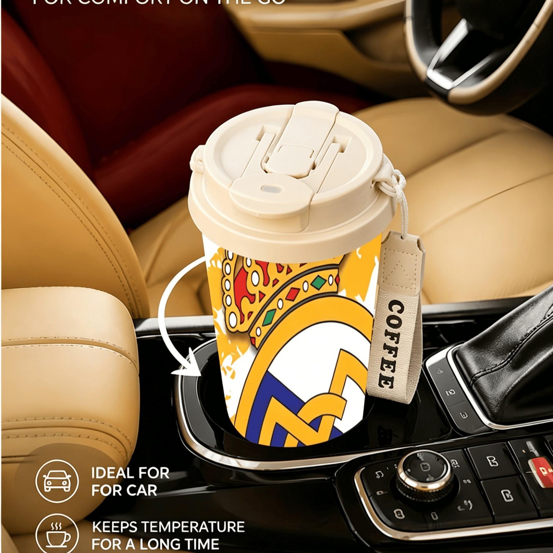 1pc Real Madrid Gold Blue Coffee Cup, 18oz Stainless Steel Insulated Double Wall Travel Mug, Dual Layer Heat Cold Preserve, Car Office Home Outdoor Camping