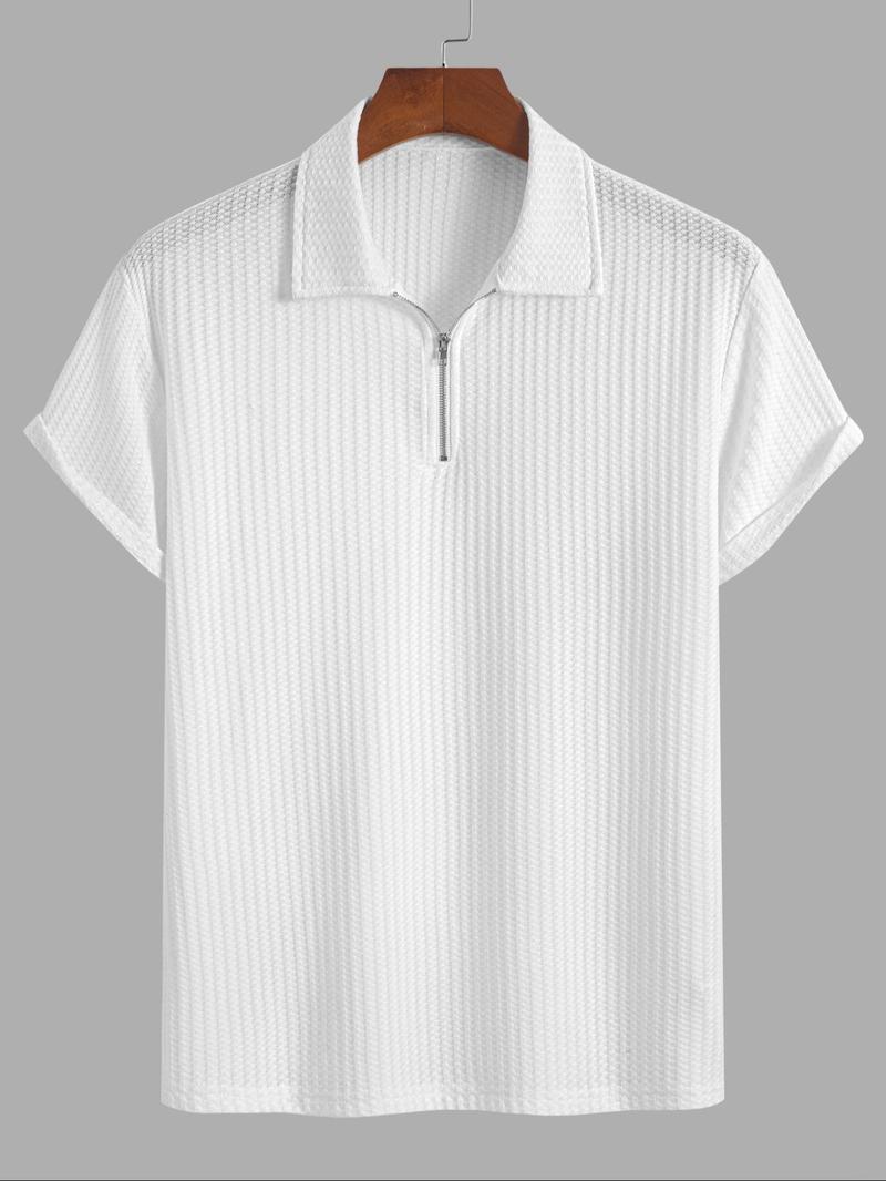 Men's Solid Ribbed Short Sleeve Knitted Polo Shirt, Solid Zipper Polo, Regular Fit Casual Breathable Comfy Top for Summer, Men's Clothes for Daily Wear