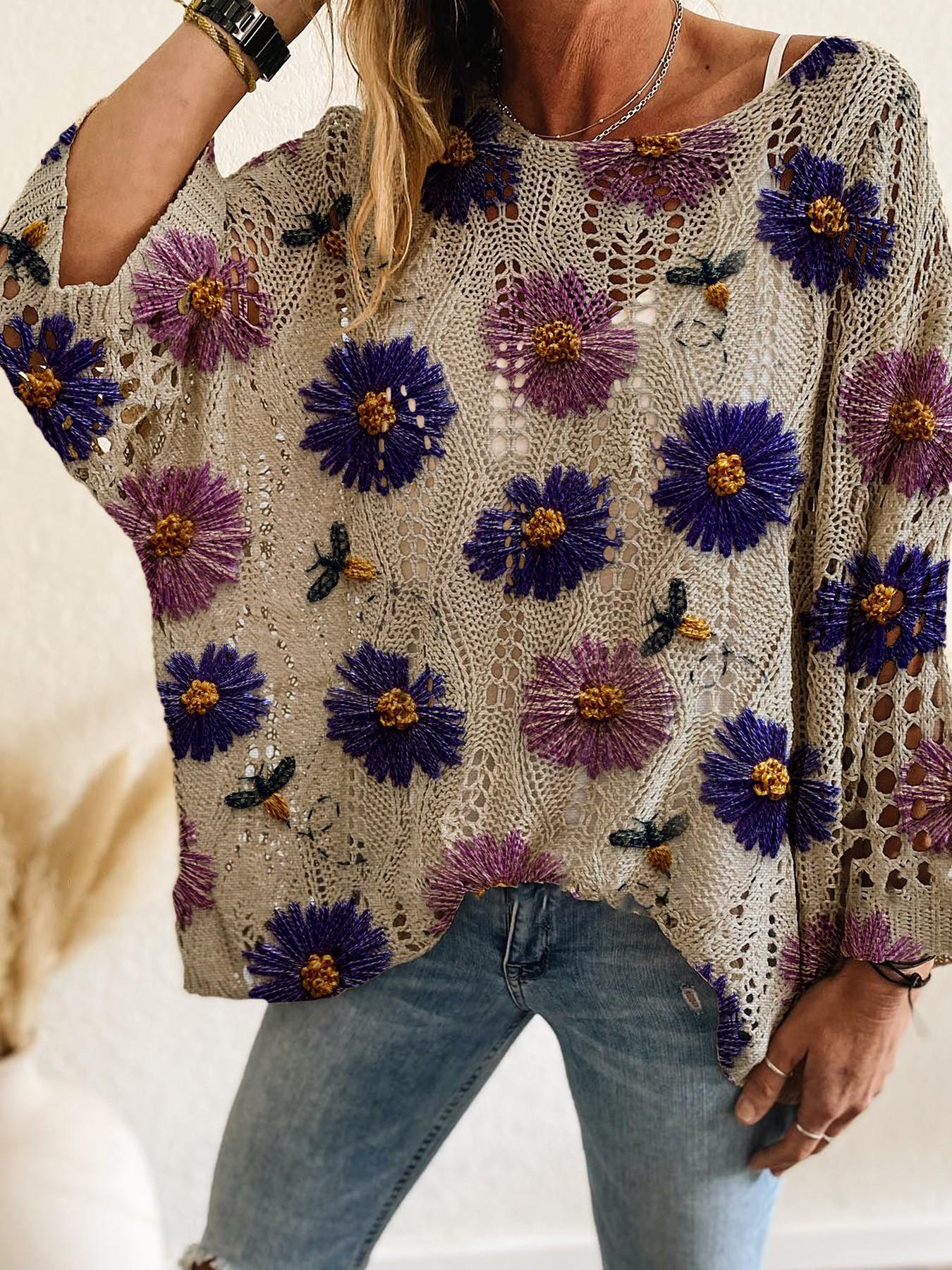 Elegant Women's Floral Print Knit Top, One-Shoulder Batwing Sleeve, Loose Fit, Spring Summer Fall Fashion, Ladies Casual Wear