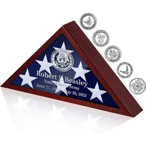 Personalized Flag Display Case for 5'x9.5' Burial Flag, Custom DIY Stickers Self-Adhesive for Your Own Texts  Glass Front, Sliver Words and Logo, Mahogany  Flag Holder Shadow Box for Veterans