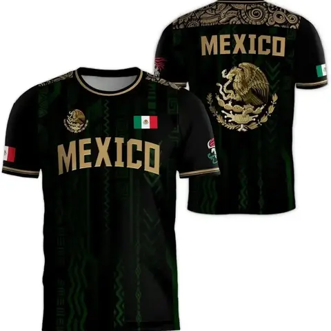Mexico Aztec Flag Football Theme T-Shirt, Gold Retro Totem Graphic, Men's Short-Sleeve Casual Athletic Fitted Tee, Unisex Design, Sportswear, Knit Athletic Tops