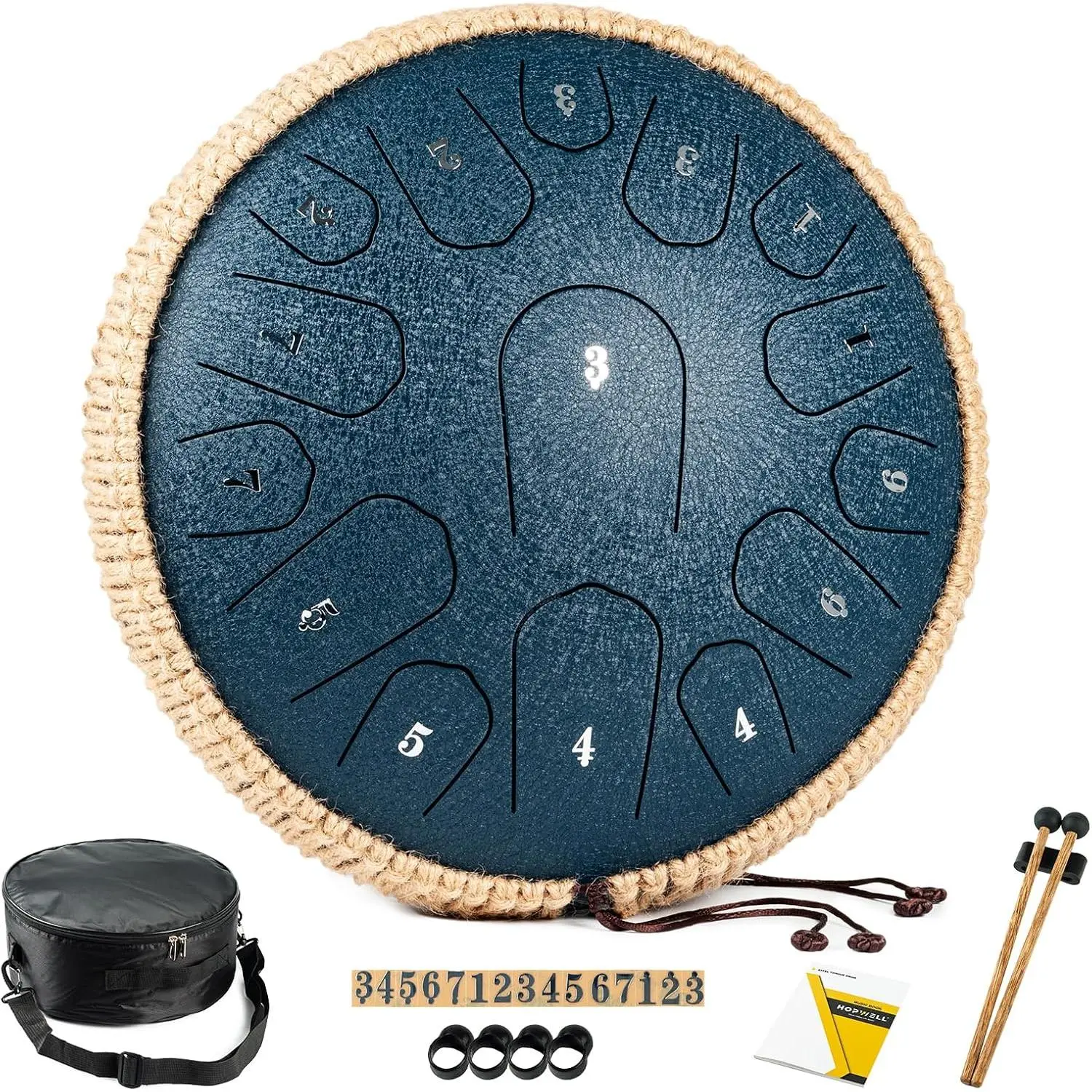 Steel Tongue Drum, 13 Inch 15 Note Hand Pan Drum with Music Book, Mallets, and Carry Bag, D Major, Navy Blue