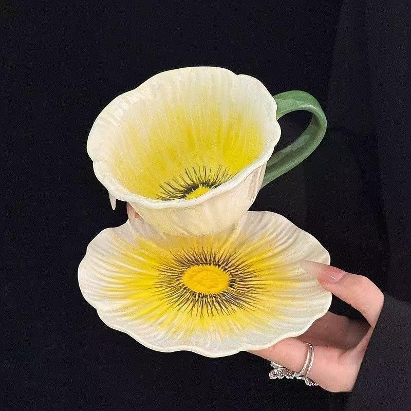 Elegant Coffee Cup Set for Women, Unique Design Ceramic Espresso Cups & Saucers, Perfect Gift for Afternoon Tea, Ceramic Matcha Set