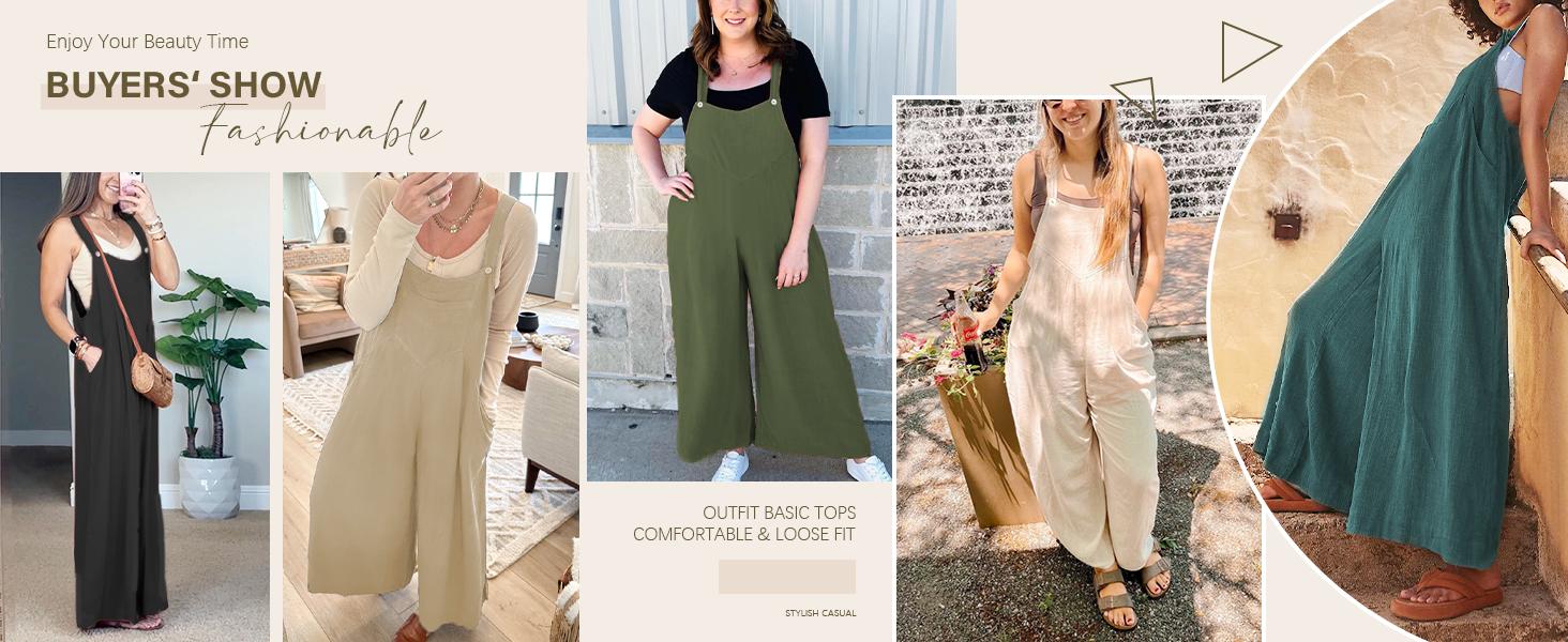 Women's Summer Cotton Linen Bib Overalls Baggy Sleeveless Adjustable Wide Leg One Piece Jumpsuits Womenswear Casual Fabric Soft Basic Minimalist Strap Strappy