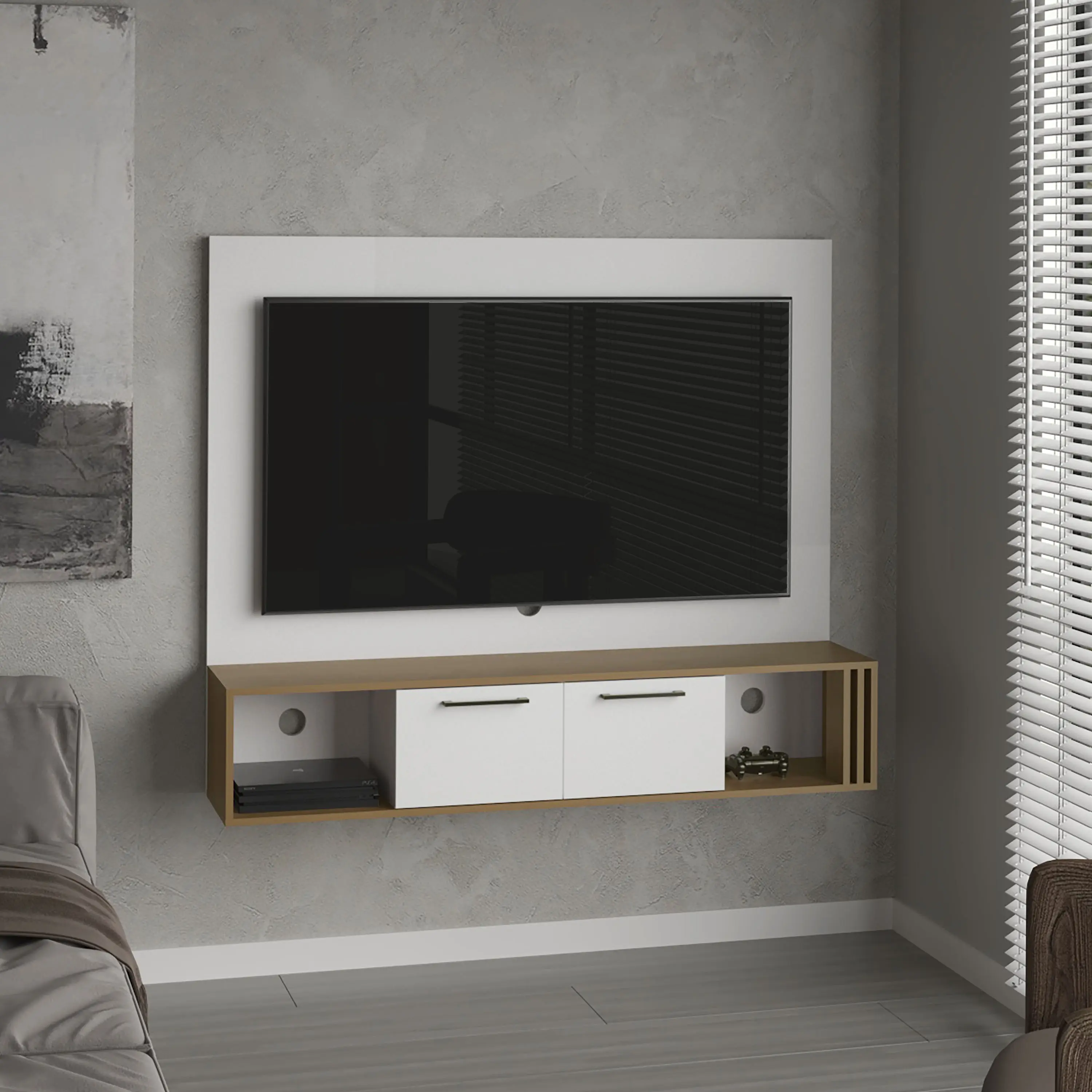 Nokaa Entertainment Center with 2 Doors and 4 Shelves, White/Natural Oak Finish, Engineered Wood Media Storage Cabinet for Living Room, Home Theater TV Stand, Bookshelf and Decor Display Unit, Compact Size, Easy Assembly, FSC Certified