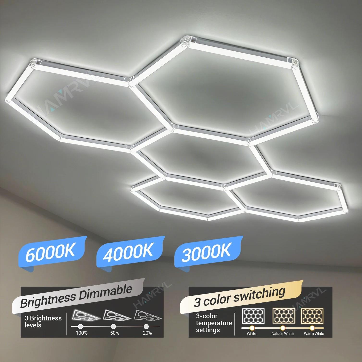 Adjustable Hexagonal LED Hive Light, 3 Color Tunable 3000k-6000k, Ideal for Garage, Barber Shop, Gym, Ceiling Mount, Bulb Included