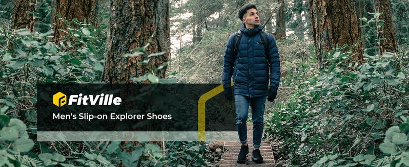 FitVille Wide Shoes for Men Hiking Shoes Go Walking Shoes Loafers Trekking Trails  with Arch Support Men's Explorer Outdoor Slip-On Sneakers Vegan Suede Supportive Adventure Cushioned