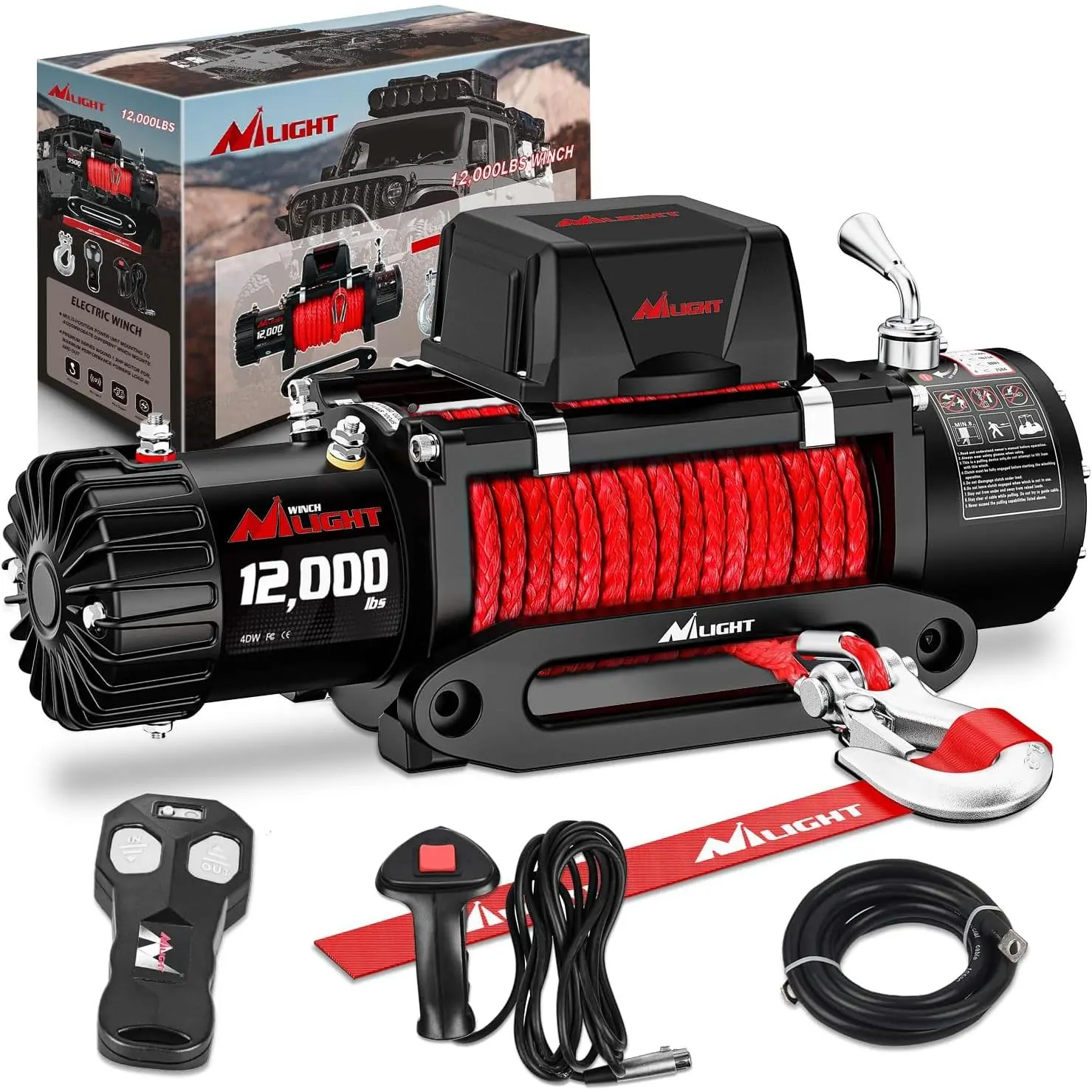 Nilight 12V Heavy Duty Electric Winch - 12000LBS Offroad Towing Capacity, IP68 Rating, Synthetic Rope, Fairlead, Wired & Wireless Remotes for Jeep