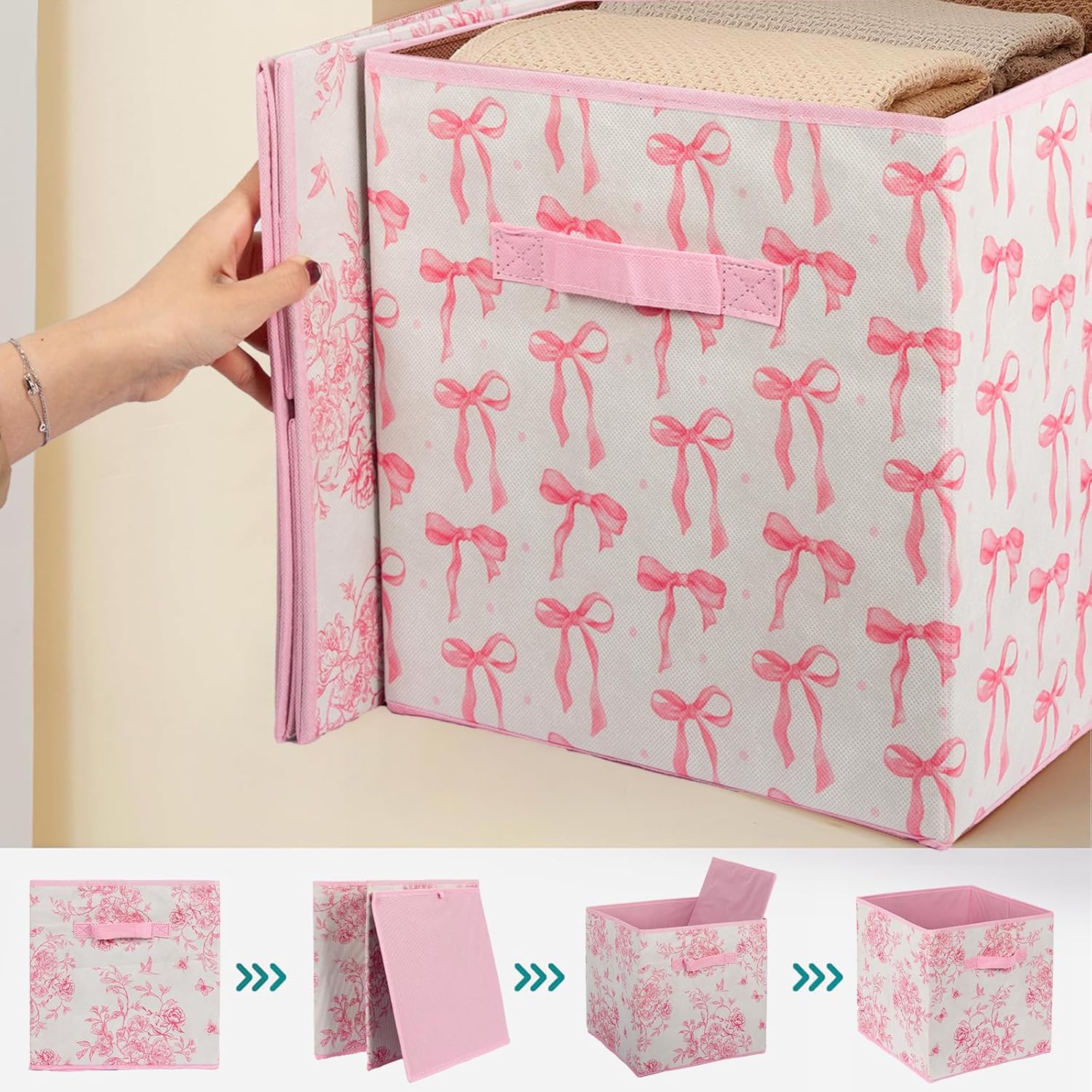 6 count  Bow Cube Storage Bins 12.5 Inch  Storage Basket with Handle, Preppy Girls Organizer Basket, Collapsible Fabric Box for Classroom Bedrooms Office  Decoration (Bow)