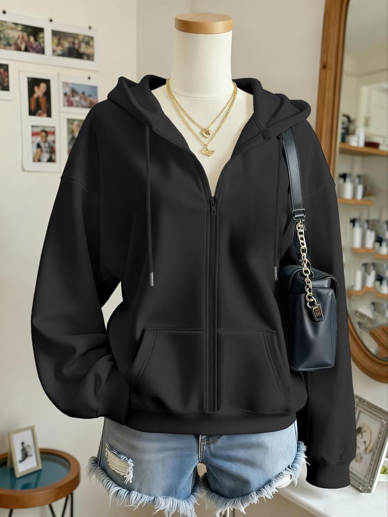 Women's Fashion Fall Winter Drawstring Hoodie, Plain Zipper Jacket Coat, Casual Loose Fit Long Sleeve Top, Versatile New Arrival, Cozy Breathable Clothing