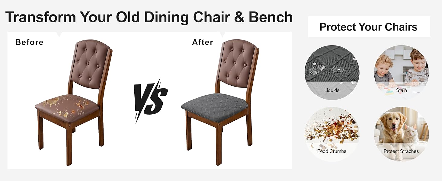 Waterproof Seat Covers for Dining Room Chairs Set of 4 with Stretch Bench Slipcover Chair Covers Removable Washable Chair Seat Cushion Protector(Dark Gray, 5 PCS)