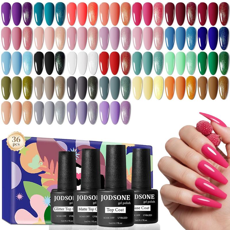 JODSONE 36 PCS Gel Nail Polish Set with 32 Colors Gel polish Kit Base Coat No Wipe Matte GlossyTop Coat Nail Polish Set Green Blue Red Pink Summer nail Collection Gifts for Women