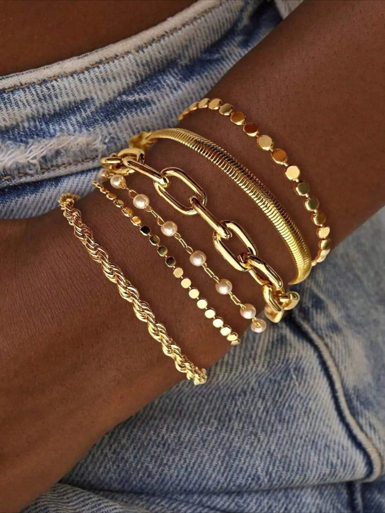 6-Piece Fashionable Minimalist Old Money Style Elegant High-End Thick Chain Snake Bone Link Threaded Imitation Pearl Round Plate Bracelet Set