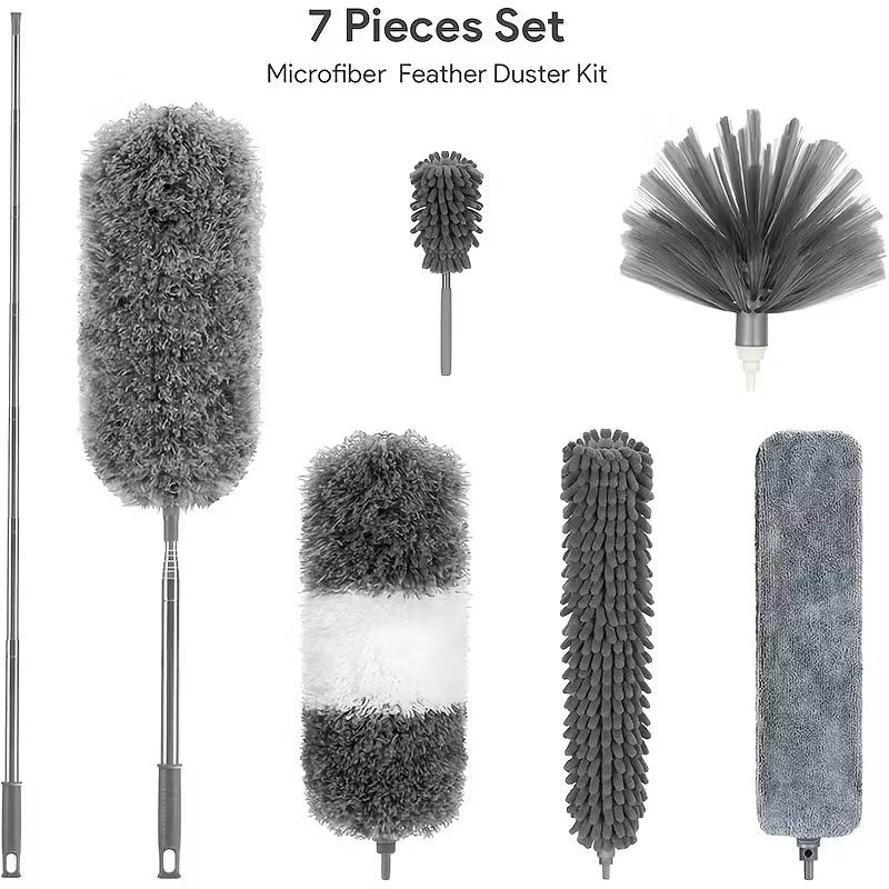 5pcs Retractable Microfiber Dusting Brush Set, Extendable microfiber duster, Home cleaning tool, Household cleaning tool, Reusable, Bendable Handle, 30-110inch, with Extension Pole, for Cleaning High Ceiling Fans, Furniture, Cars, Bathrooms, Kitchens
