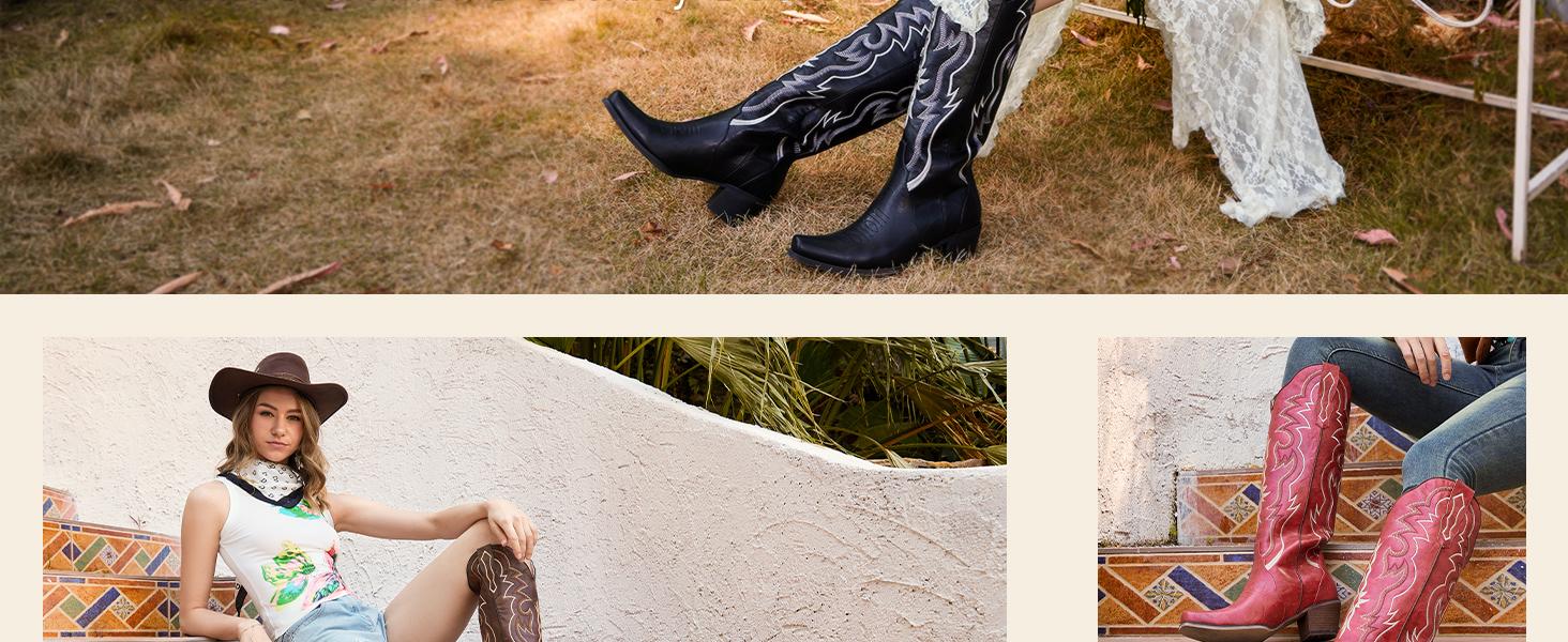 Wetkiss  Women Cowgirl Cowboy Knee High Tall Boots with Classic Retro Embroidered Chunky Heel Slip On Pointed Toe Womens Western Boots for Girls Ladies ,Women's Shoes,Women's Boots  #TikTokShopSpringGlowUp #greenish