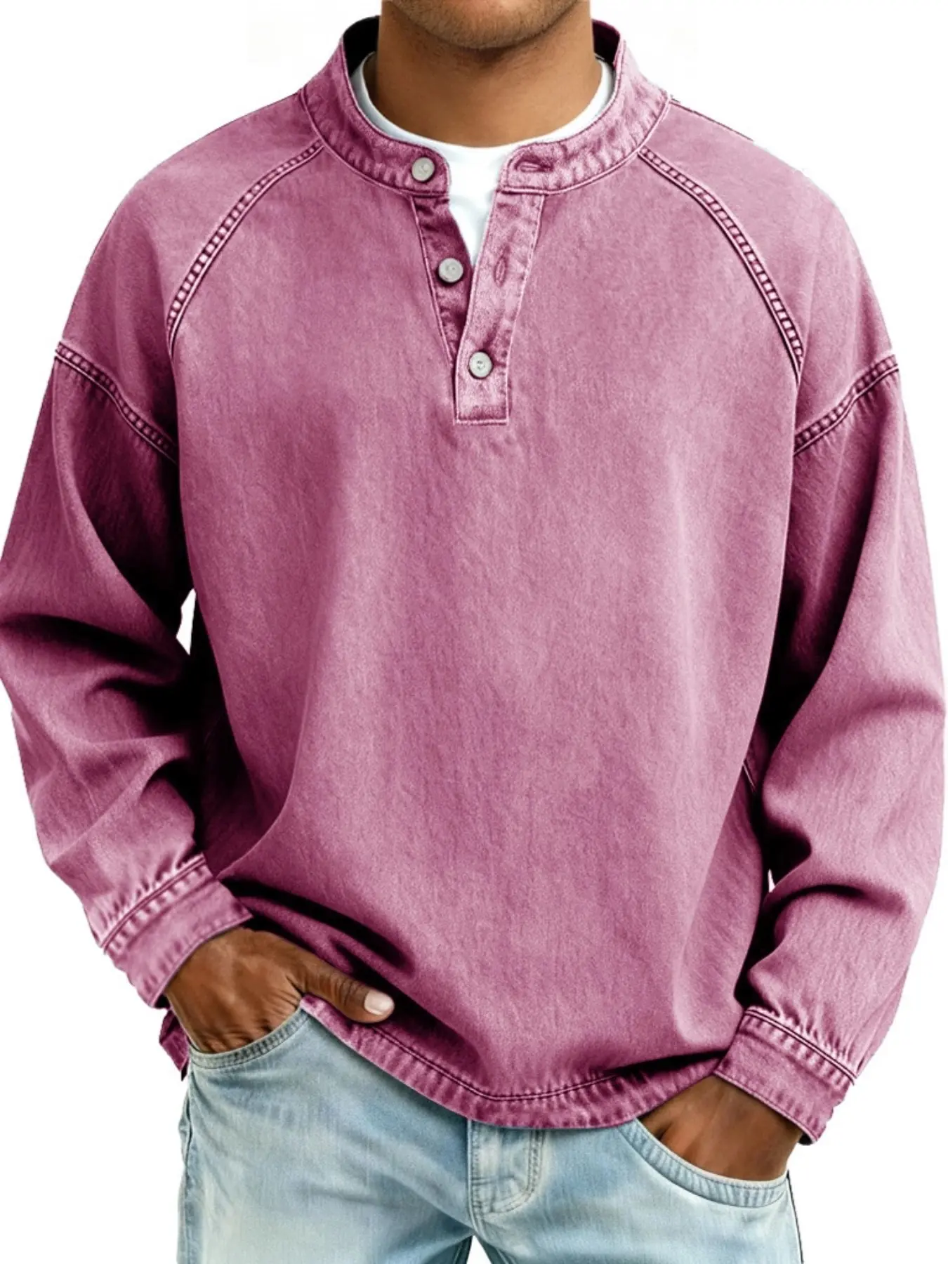 Men Washed Henley Neck Long Sleeve Shirt, Raglan Sleeve Half Button, Loose Fit Casual Pullover, Vintage Daily Wear Blouse