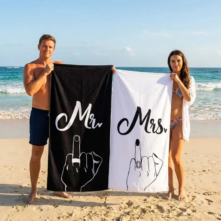2 Pcs Mr and Mrs Beach Towels 63 x 31.5 Inch Wedding Beach Towels | Bride and Groom Hubby and Wife Towel for Honeymoon Newlywed Couple Ring Towel Wedding Gifts, 2 Styles
